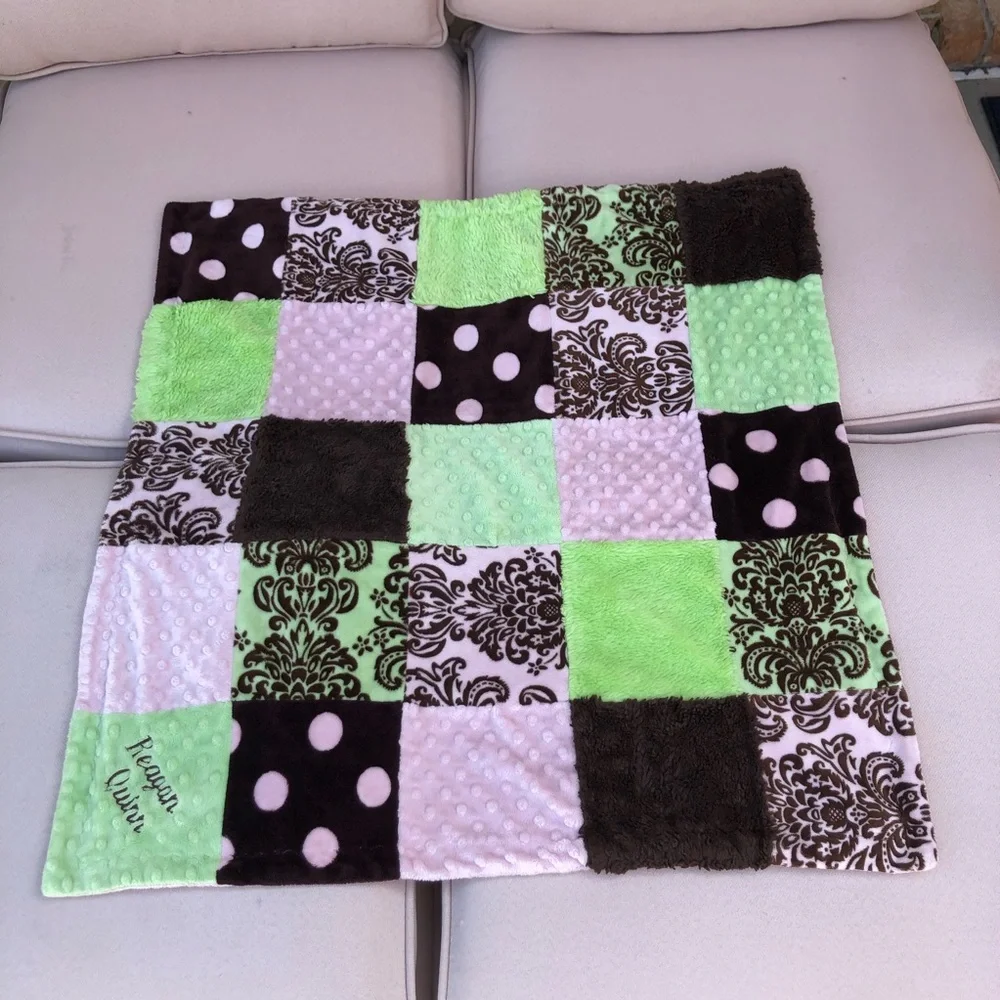 Lot Of 1 Baby Girl Pink Brown Green Cotton Quilt and 1 Soft Blanket Patchwork
